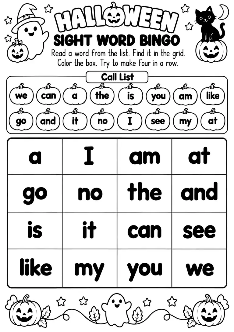 HALLOWEEN SIGHT WORD BINGO for Kindergarten, 1st Grade