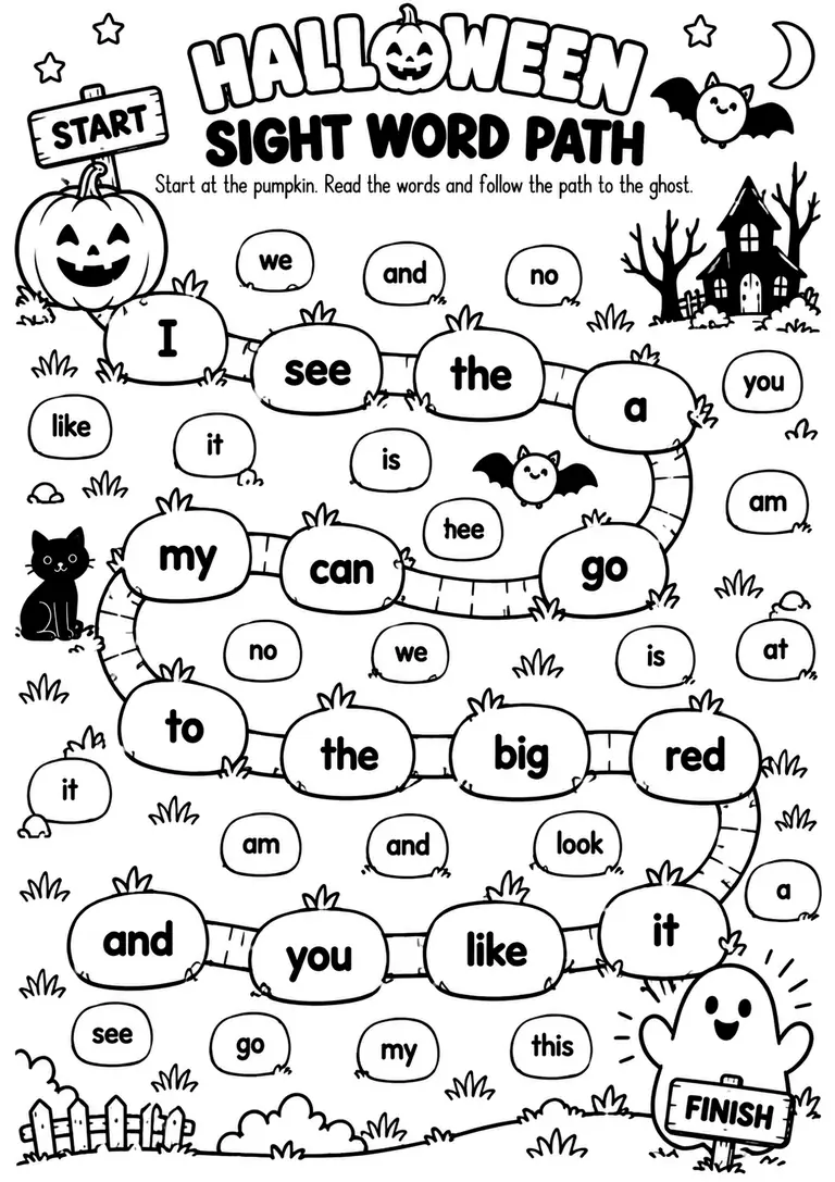 HALLOWEEN SIGHT WORD PATH for Kindergarten, 1st Grade