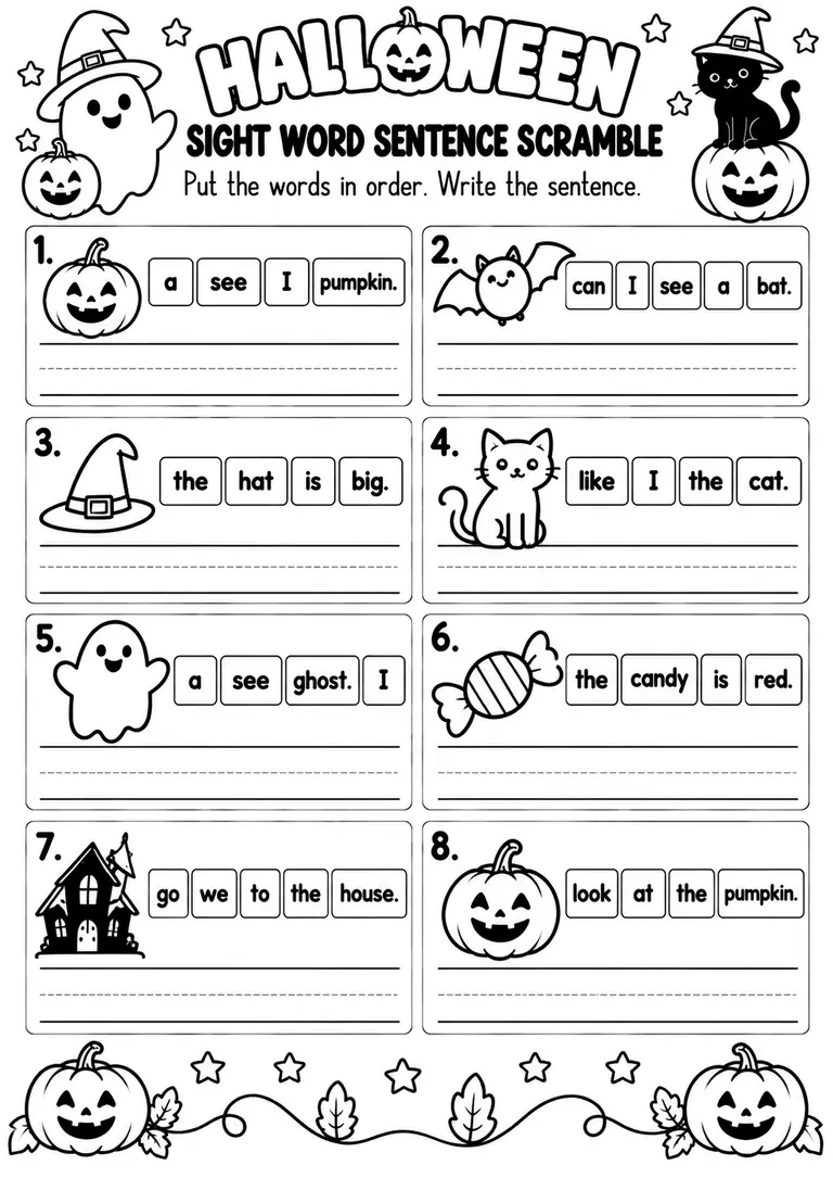 HALLOWEEN SIGHT WORD SENTENCE SCRAMBLE for Kindergarten, 1st Grade
