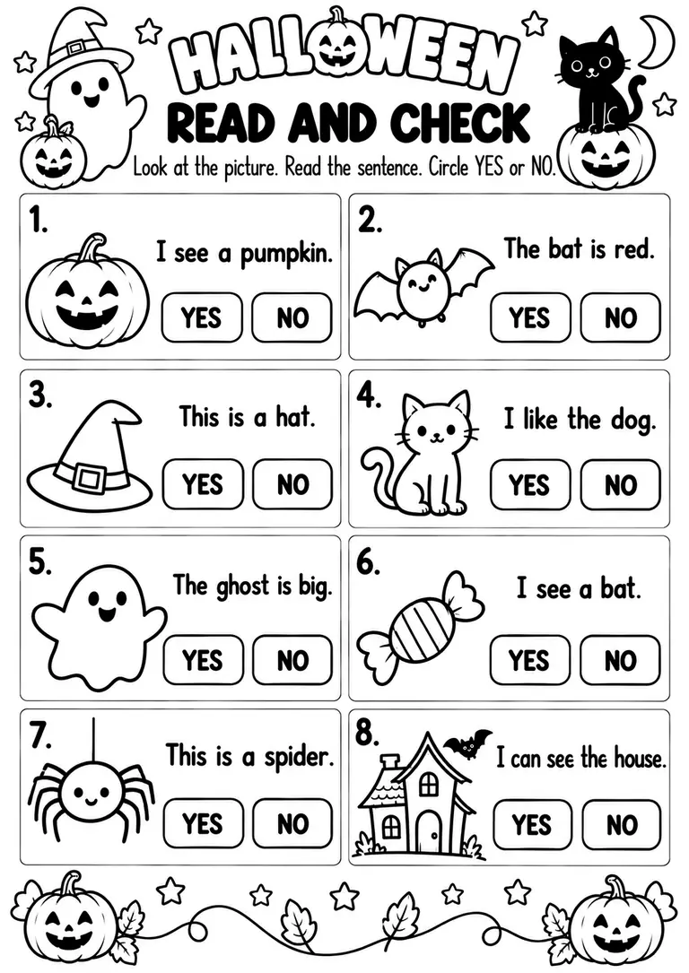 HALLOWEEN READ AND CHECK for Kindergarten, 1st Grade