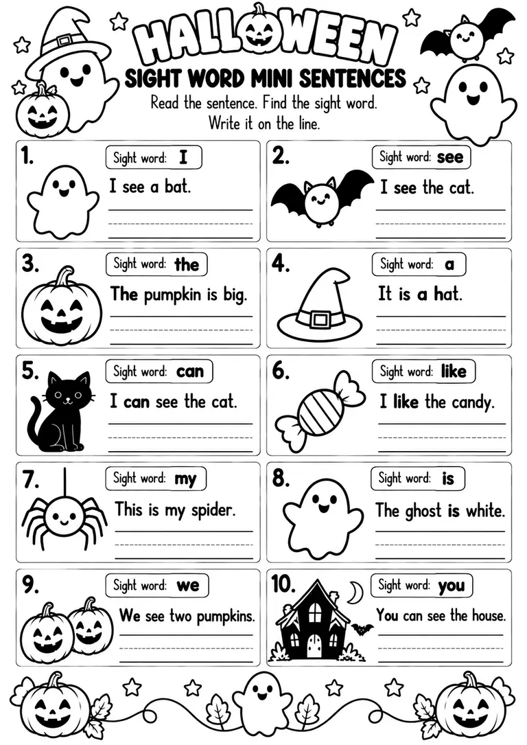 HALLOWEEN SIGHT WORD MINI SENTENCES for Kindergarten, 1st Grade