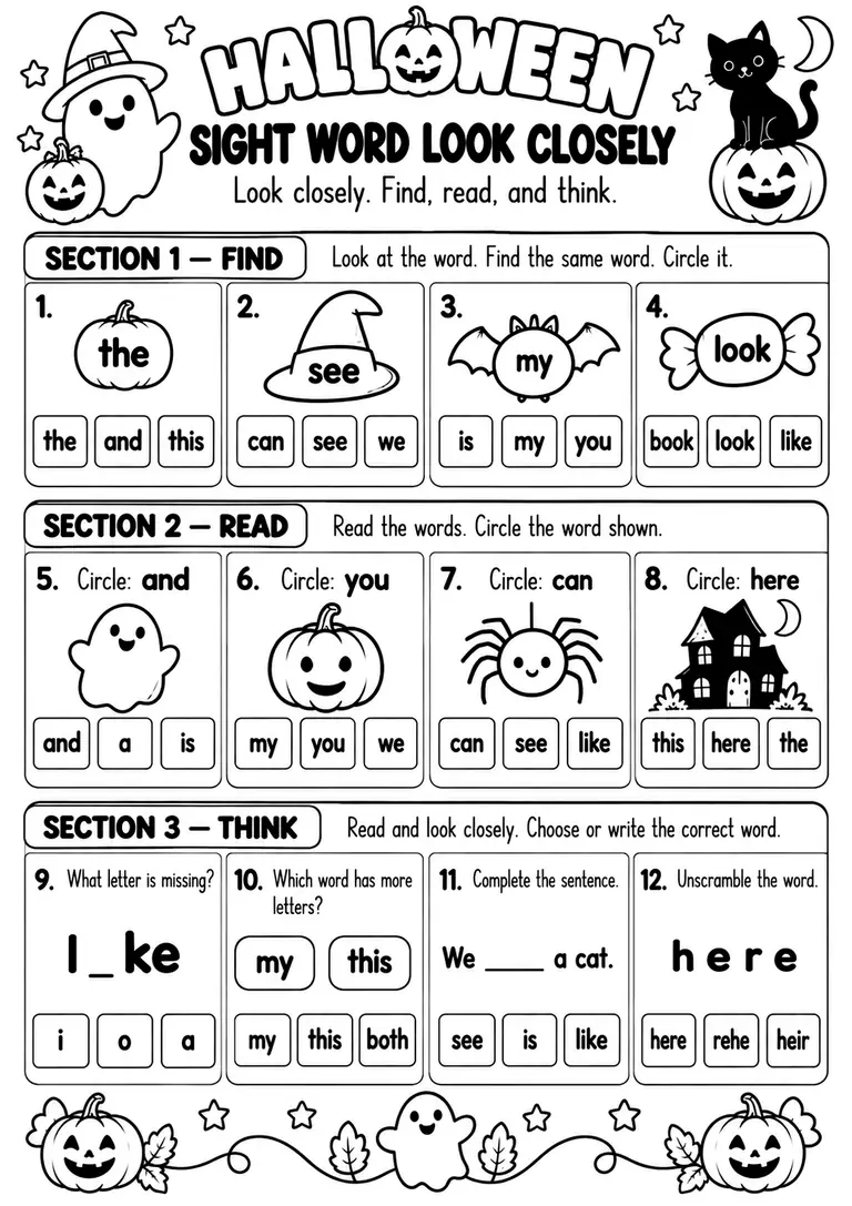 HALLOWEEN SIGHT WORD LOOK CLOSELY for Kindergarten, 1st Grade