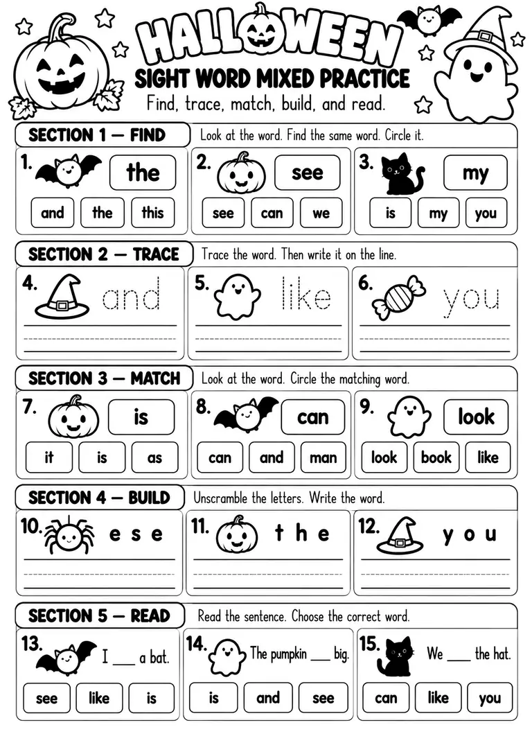 HALLOWEEN SIGHT WORD MIXED PRACTICE for Kindergarten, 1st Grade