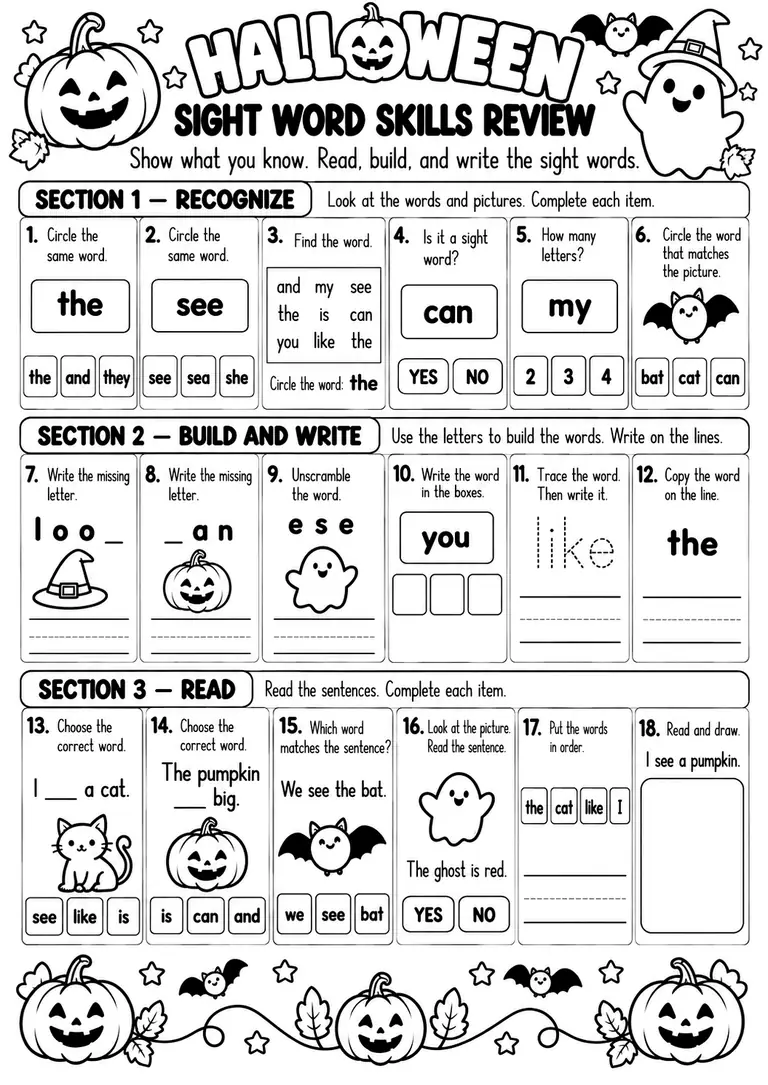 HALLOWEEN SIGHT WORD SKILLS REVIEW for Kindergarten, 1st Grade