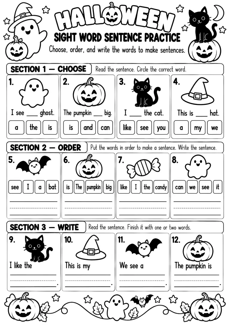 HALLOWEEN SIGHT WORD SENTENCE PRACTICE for Kindergarten, 1st Grade