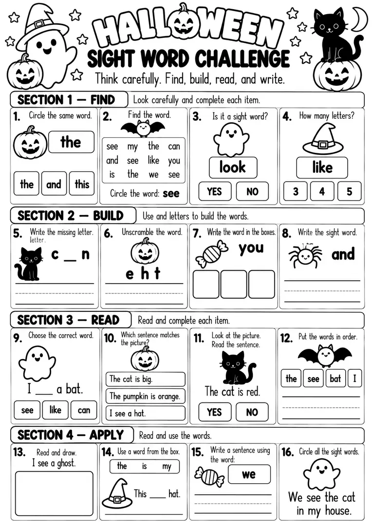 HALLOWEEN SIGHT WORD CHALLENGE for Kindergarten, 1st Grade