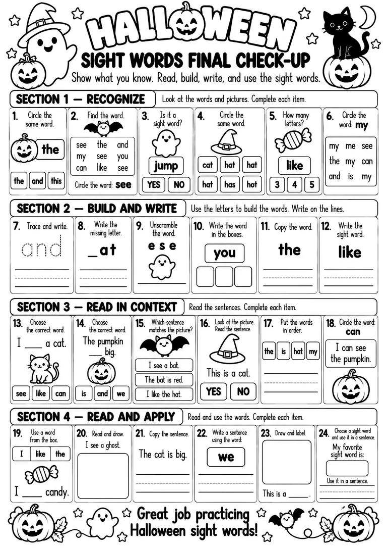 HALLOWEEN SIGHT WORDS FINAL CHECK-UP for Kindergarten, 1st Grade