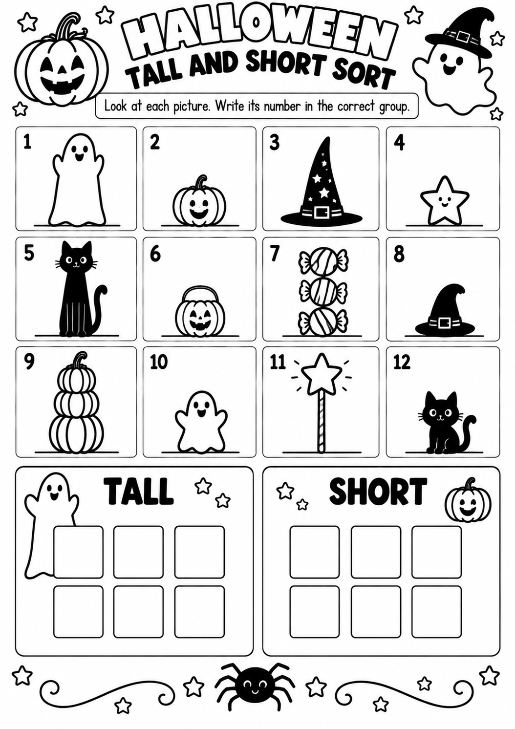 HALLOWEEN TALL AND SHORT SORT for Pre-K, Kindergarten, 1st Grade
