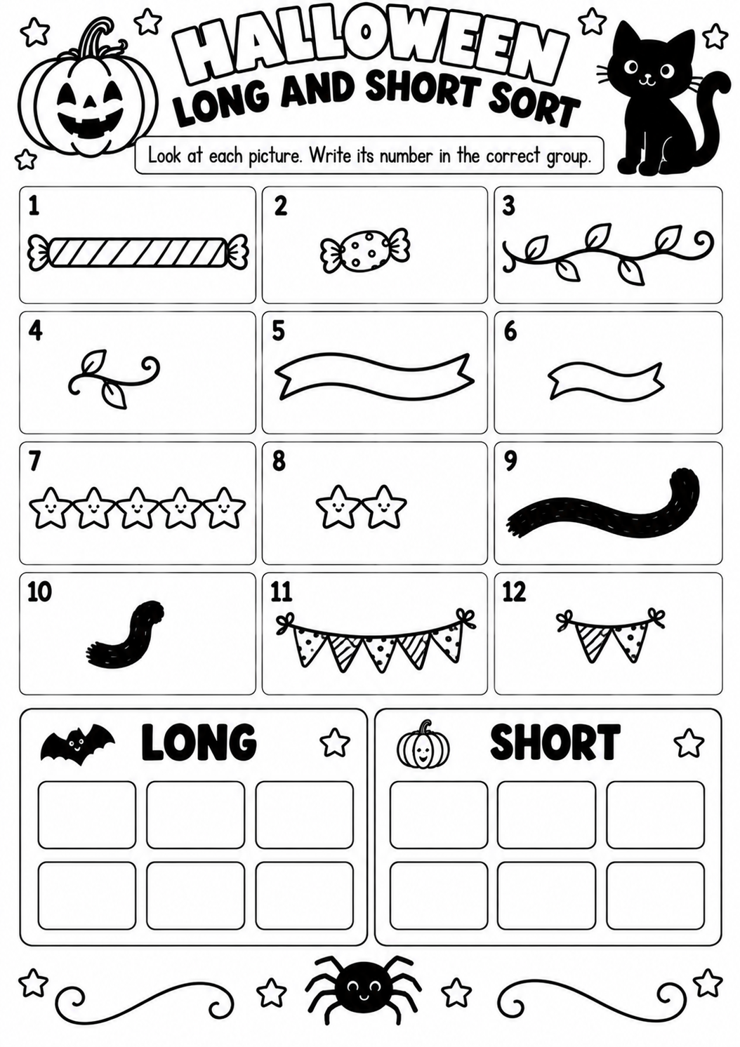 HALLOWEEN LONG AND SHORT SORT for Pre-K, Kindergarten, 1st Grade