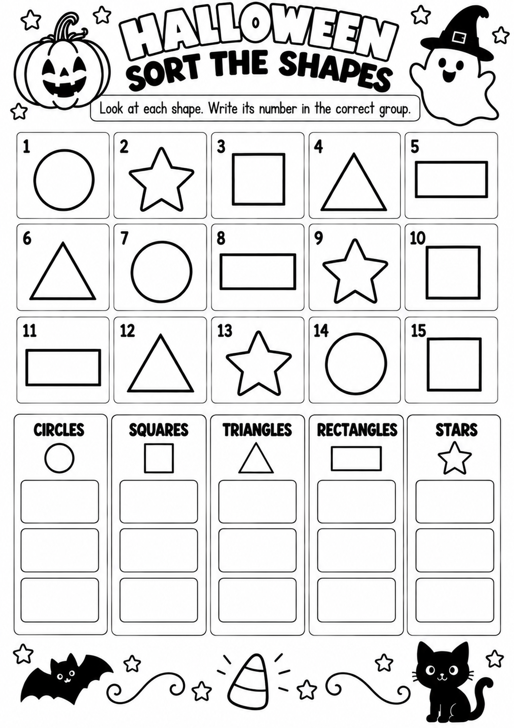 HALLOWEEN SORT THE SHAPES WORKSHEET for Pre-K, Kindergarten, 1st Grade