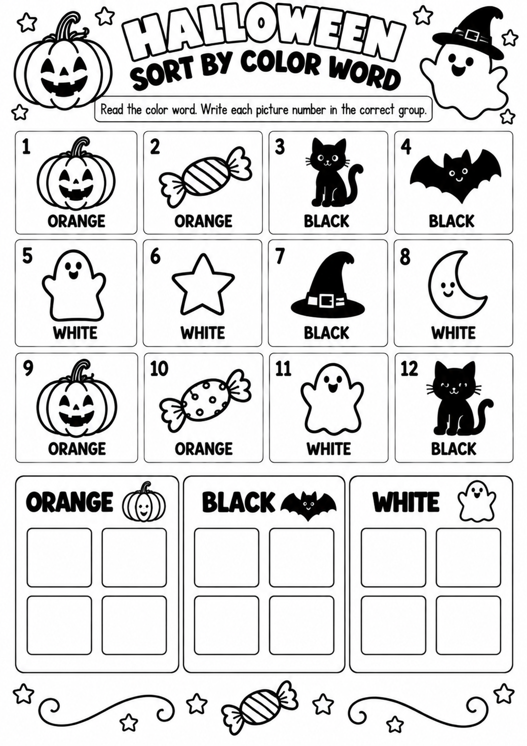HALLOWEEN SORT BY COLOR WORD for Pre-K, Kindergarten, 1st Grade