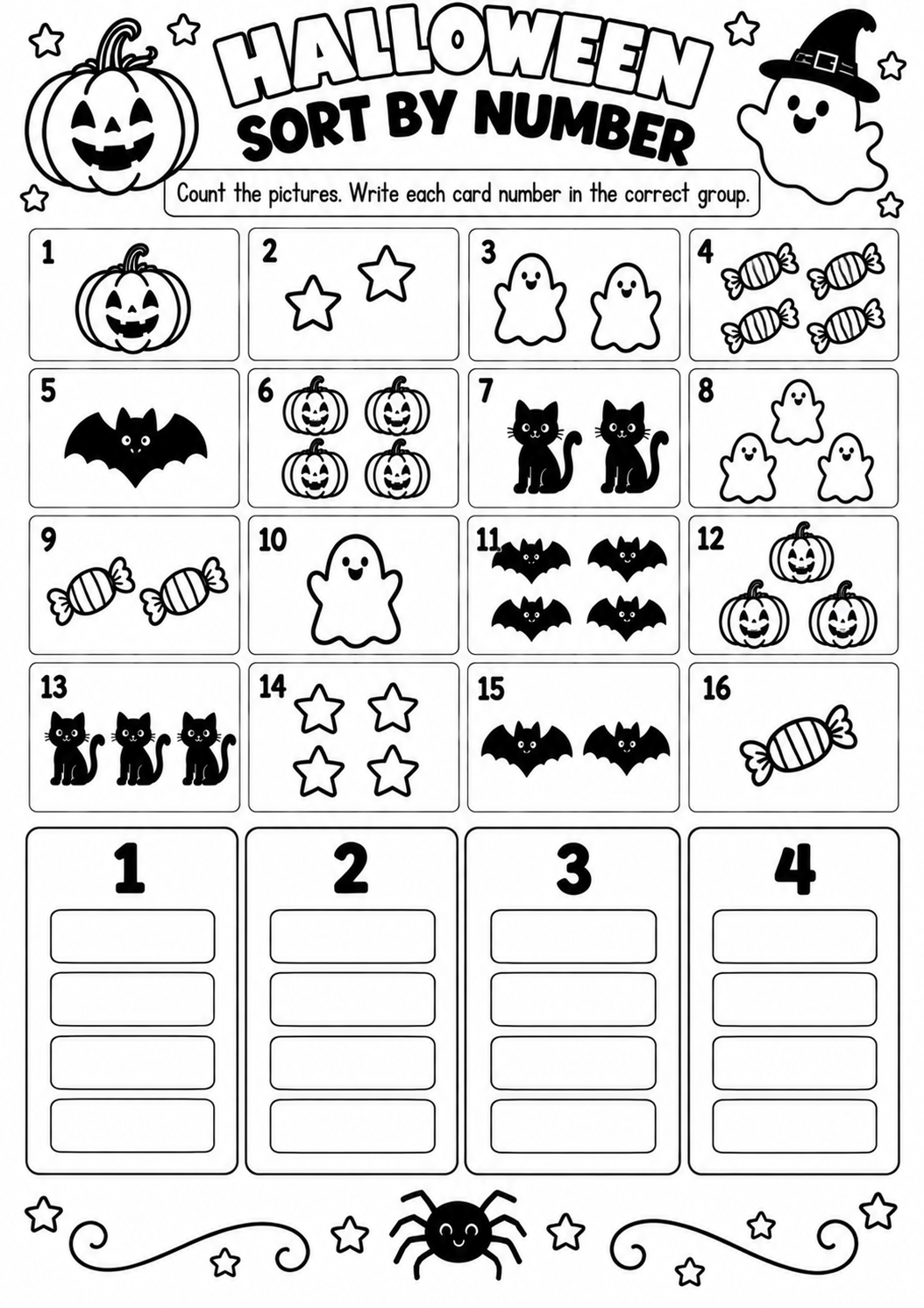 HALLOWEEN SORT BY NUMBER for Pre-K, Kindergarten, 1st Grade