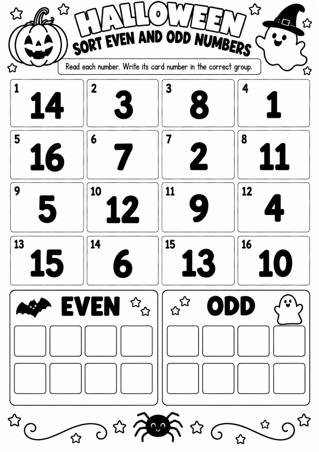 HALLOWEEN SORT EVEN AND ODD NUMBERS for Pre-K, Kindergarten, 1st Grade