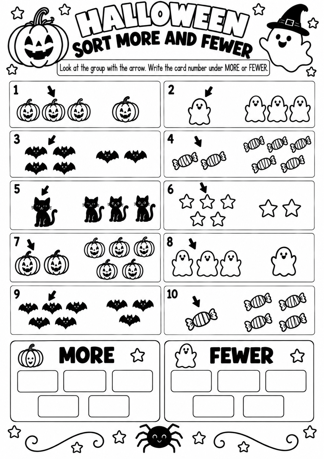 HALLOWEEN SORT MORE AND FEWER for Pre-K, Kindergarten, 1st Grade