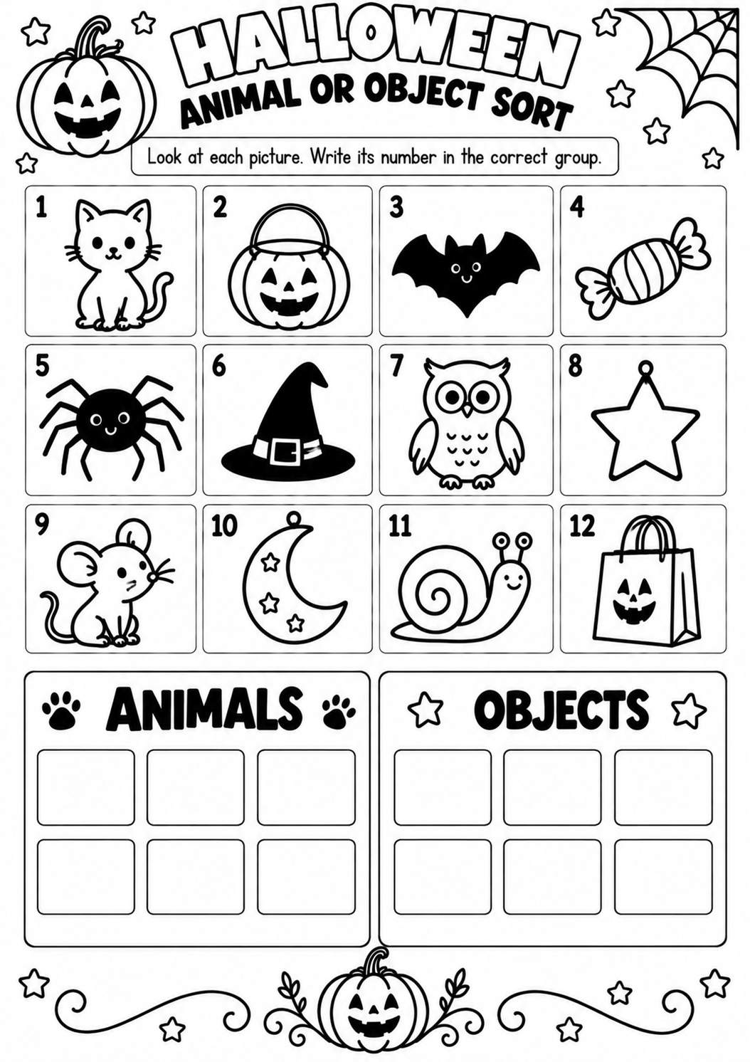 HALLOWEEN ANIMAL OR OBJECT SORT for Pre-K, Kindergarten, 1st Grade
