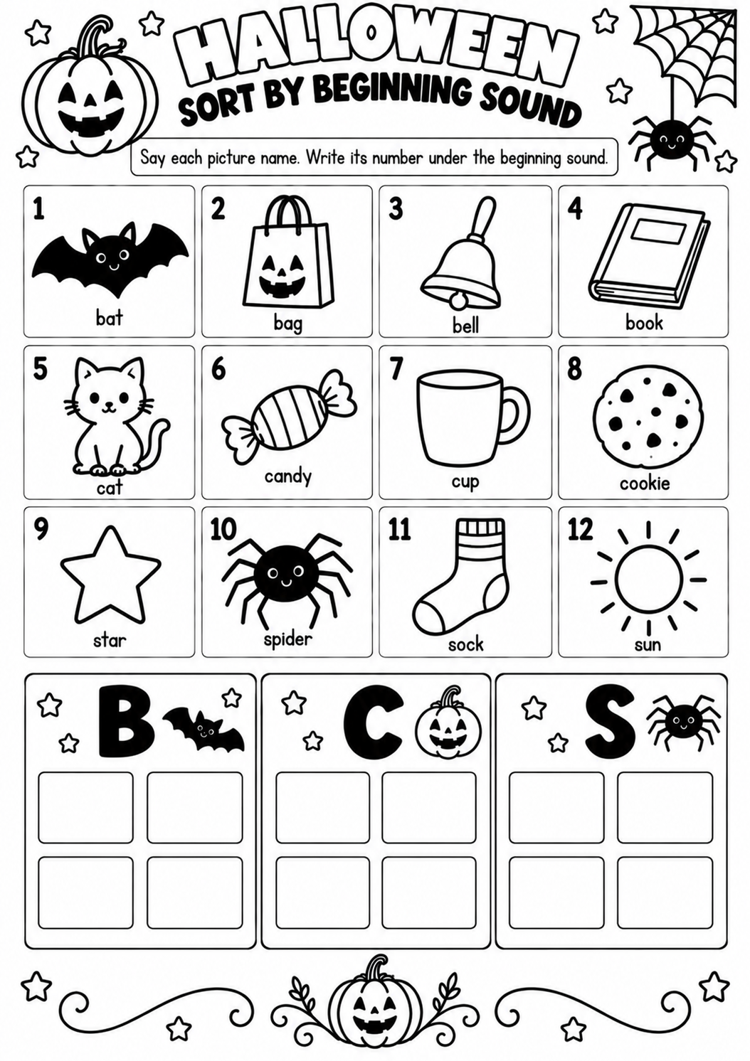 HALLOWEEN SORT BY BEGINNING SOUND for Pre-K, Kindergarten, 1st Grade