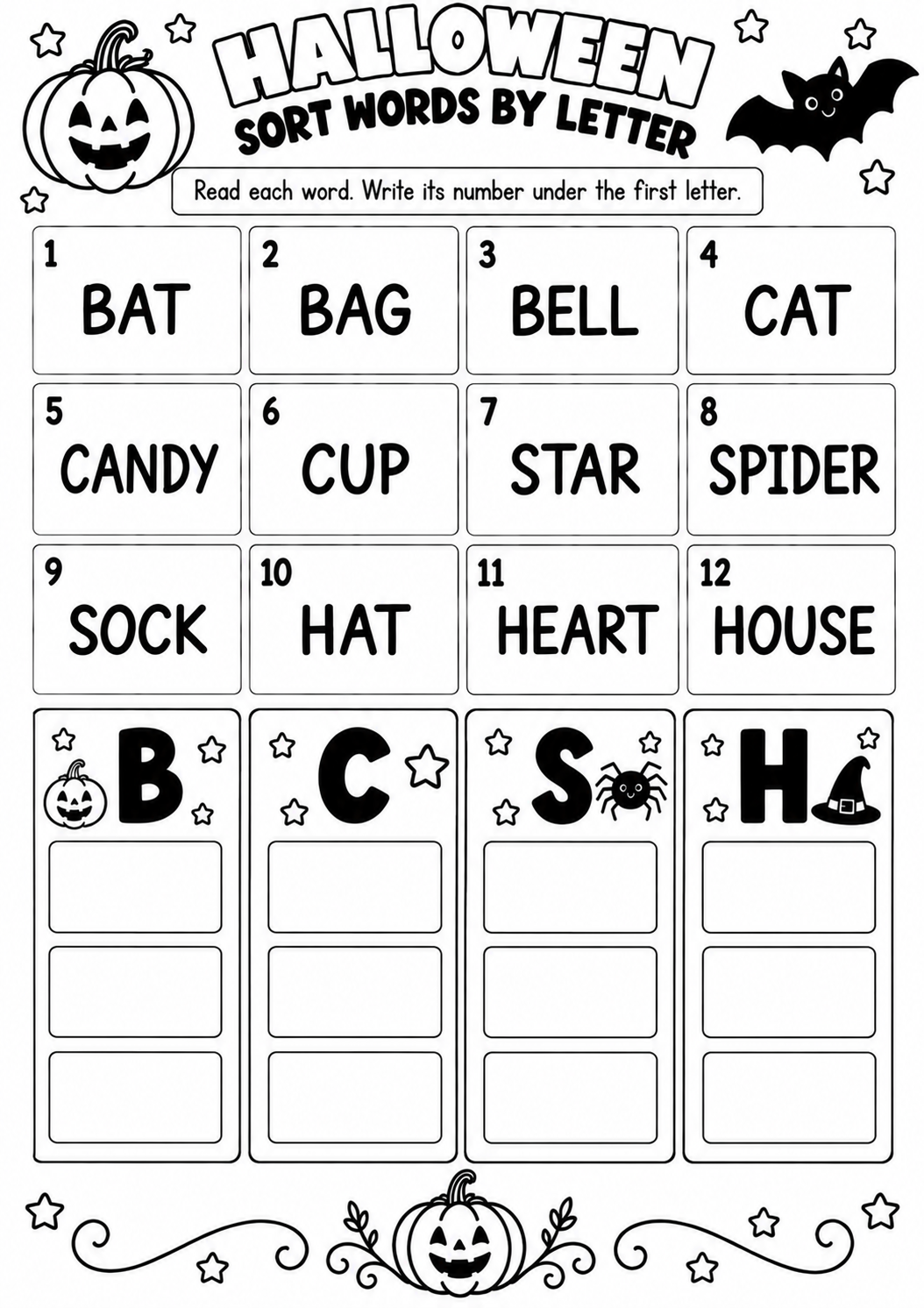 HALLOWEEN SORT WORDS BY LETTER for Pre-K, Kindergarten, 1st Grade