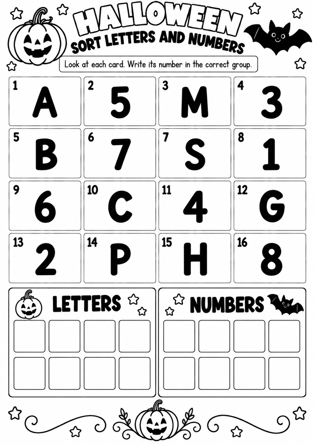 HALLOWEEN SORT LETTERS AND NUMBERS for Pre-K, Kindergarten, 1st Grade