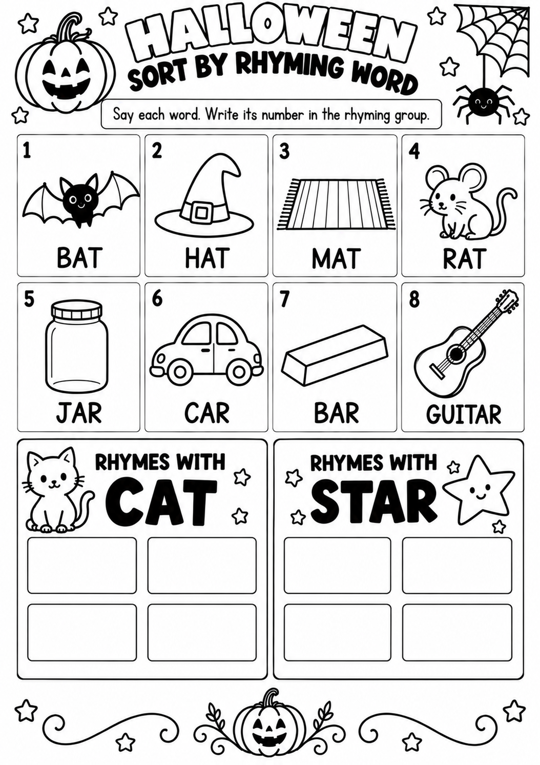 HALLOWEEN SORT BY RHYMING WORD for Pre-K, Kindergarten, 1st Grade