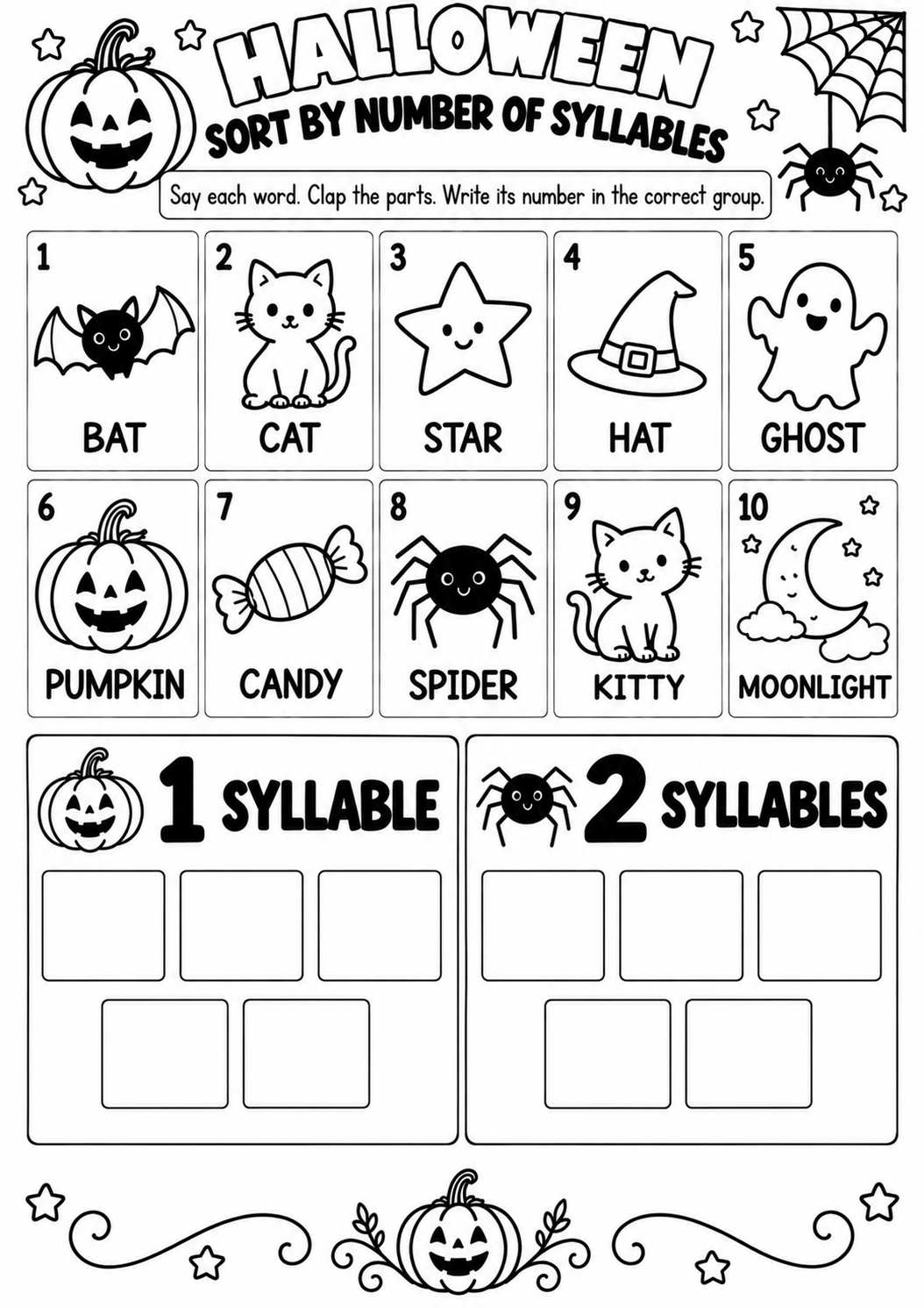 HALLOWEEN SORT BY NUMBER OF SYLLABLES for Pre-K, Kindergarten, 1st Grade