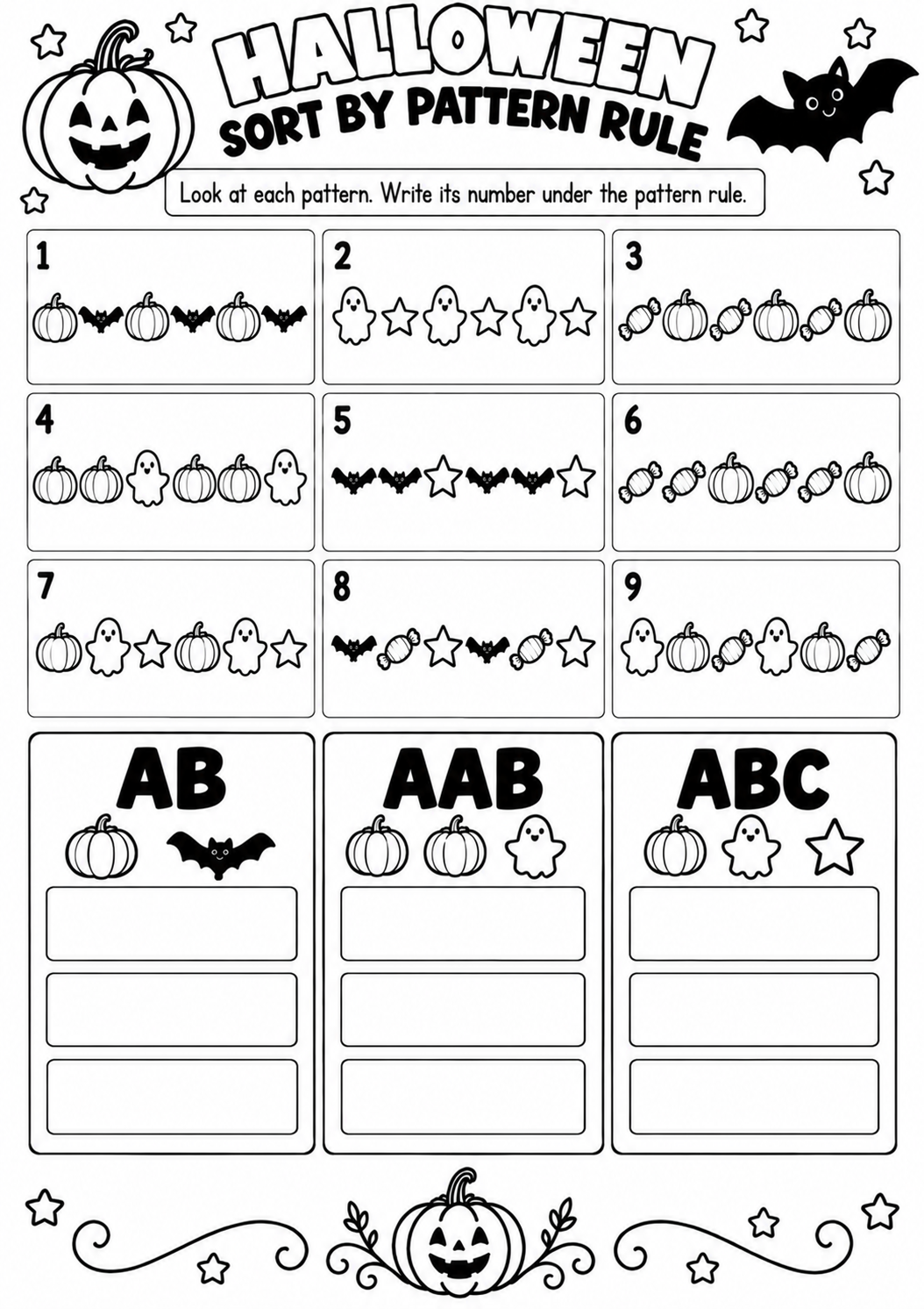 HALLOWEEN SORT BY PATTERN RULE for Pre-K, Kindergarten, 1st Grade