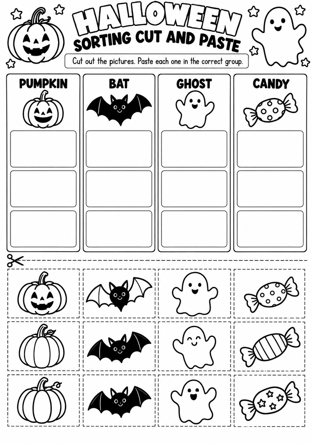 HALLOWEEN SORTING CUT AND PASTE for Pre-K, Kindergarten, 1st Grade