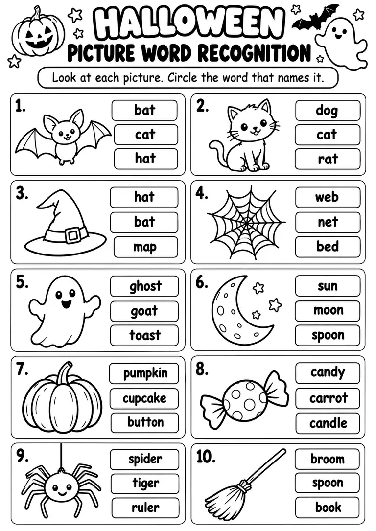 Halloween Picture Word Recognition for Kindergarten, 1st Grade