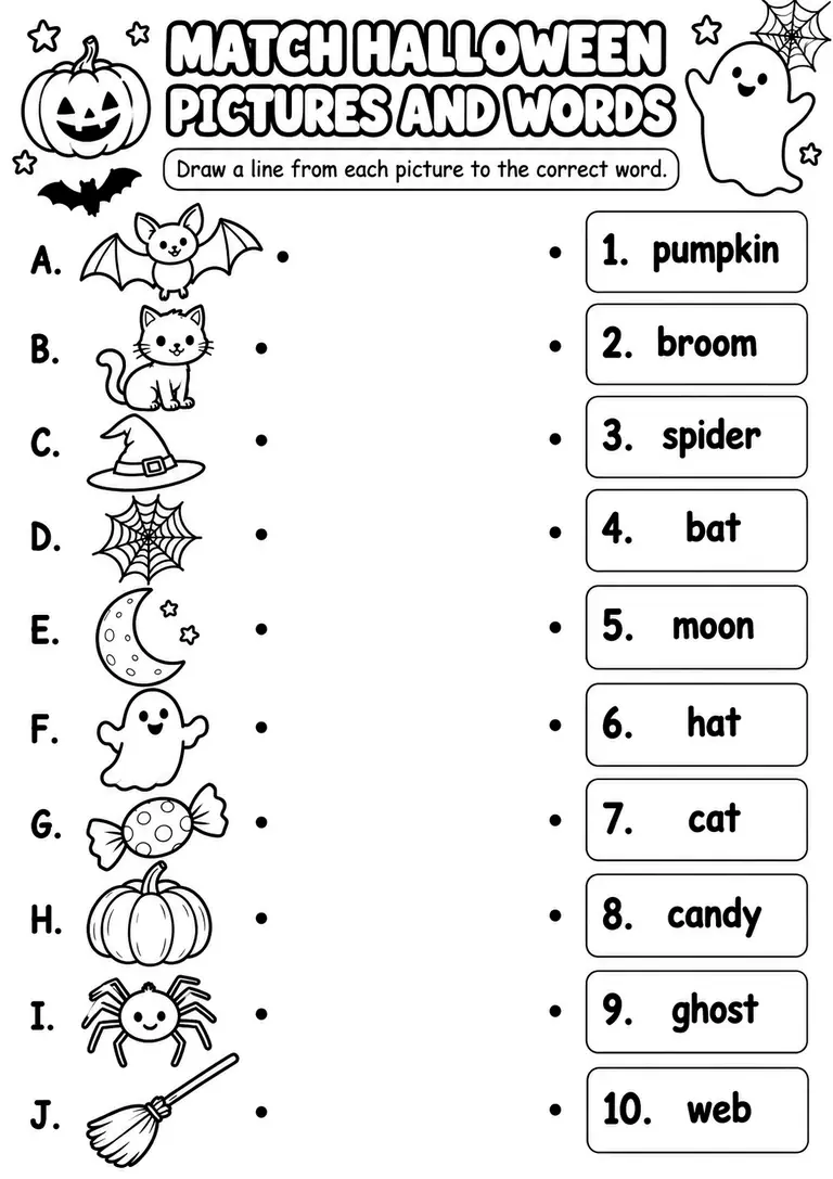 Match Halloween Pictures and Words for Kindergarten, 1st Grade