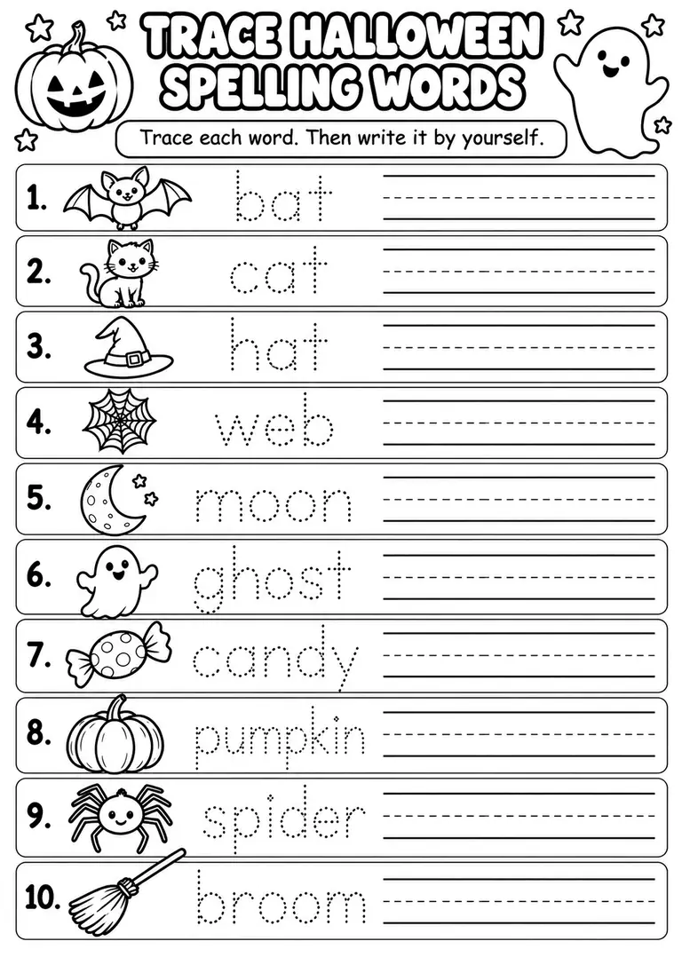 Trace Halloween Spelling Words for Kindergarten, 1st Grade