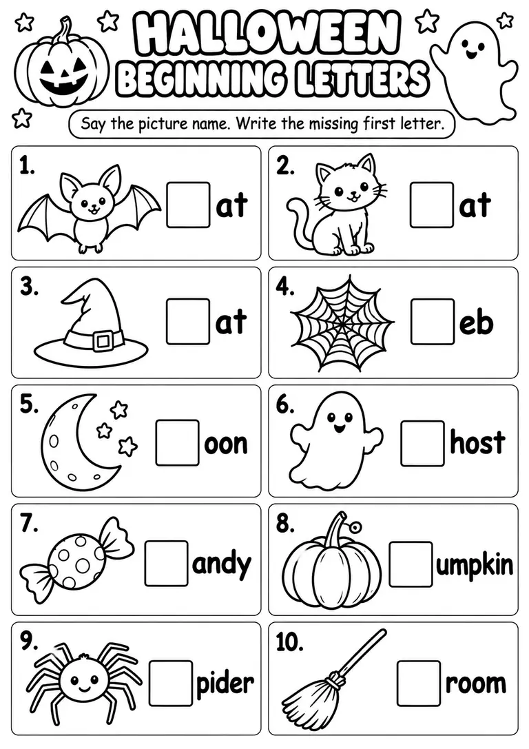 Halloween Beginning Letters WORKSHEET for Kindergarten, 1st Grade