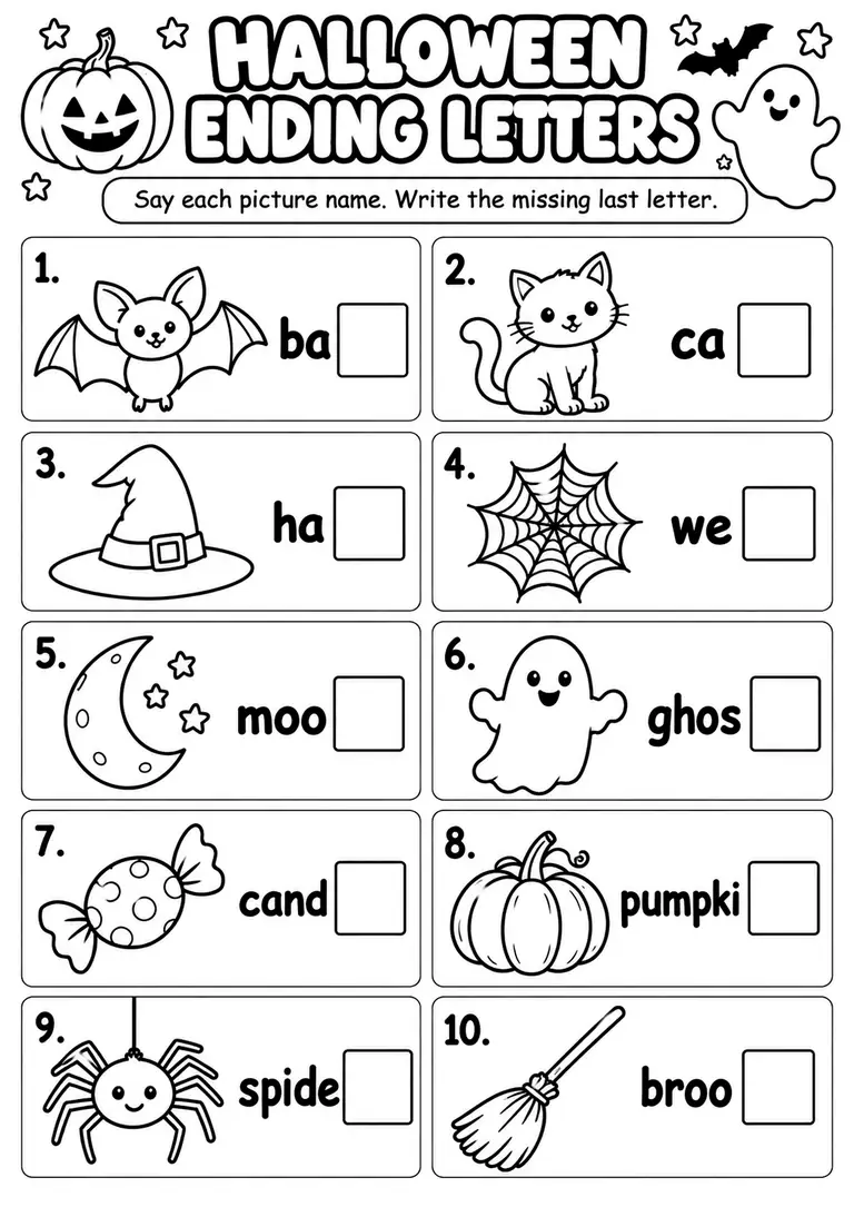 Halloween Ending Letters for Kindergarten, 1st Grade
