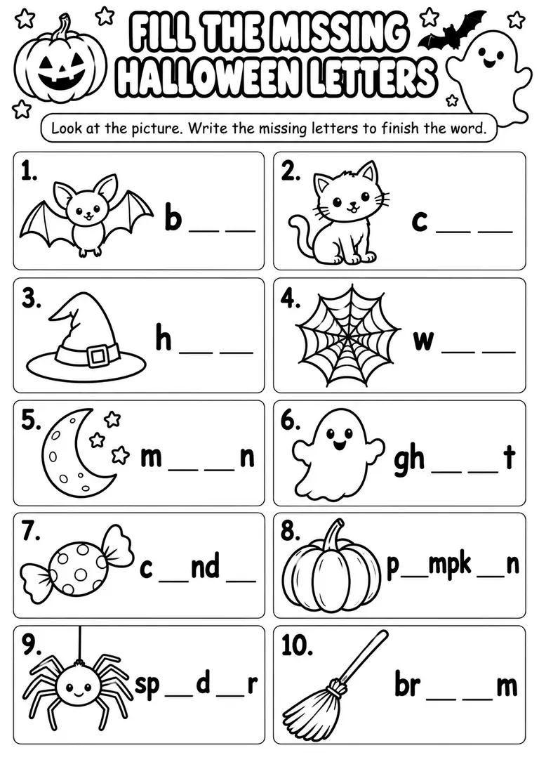 Fill the Missing Letters for Kindergarten, 1st Grade