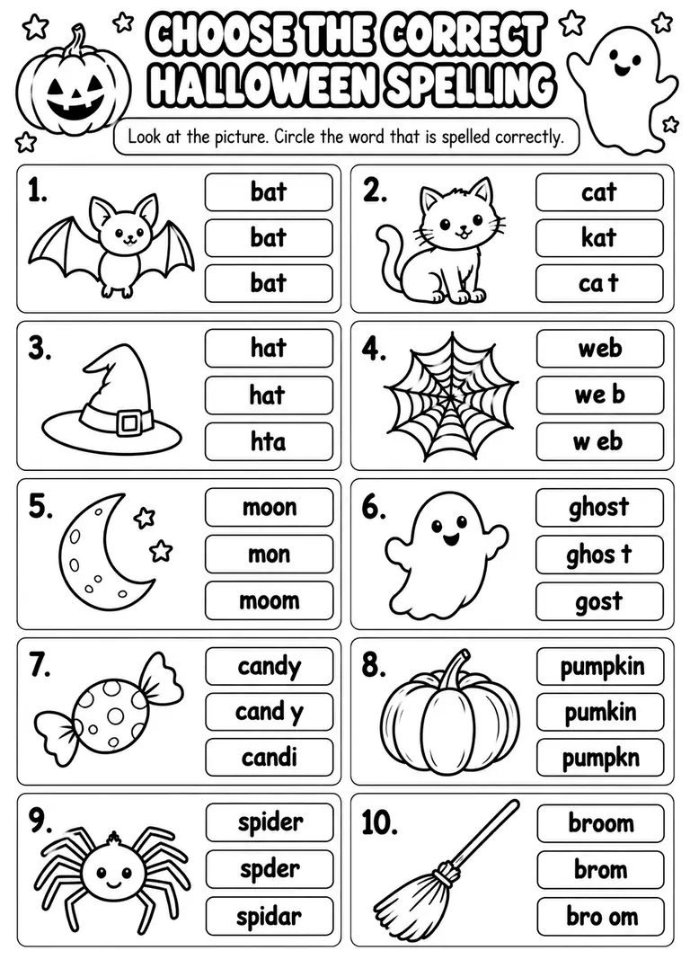 Choose the Correct Halloween Spelling for Kindergarten, 1st Grade