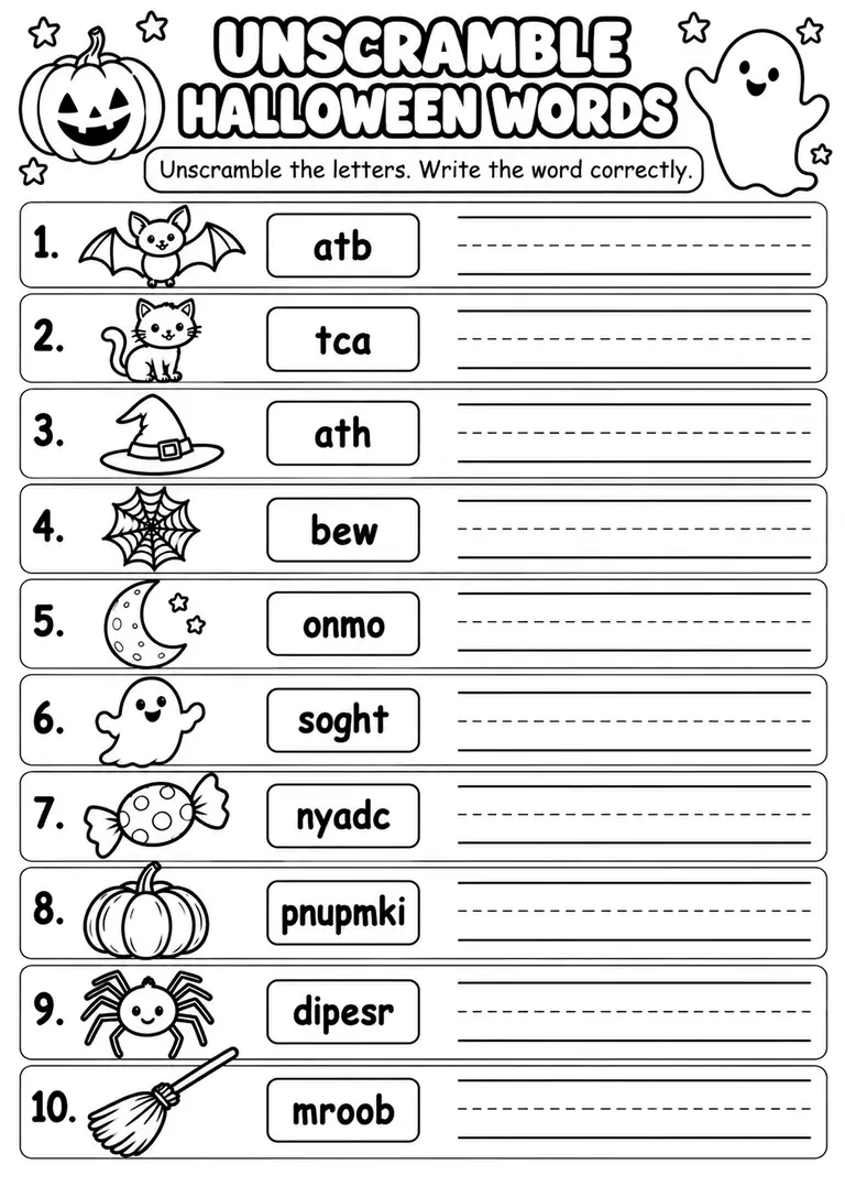 Unscramble Halloween Words for Kindergarten, 1st Grade