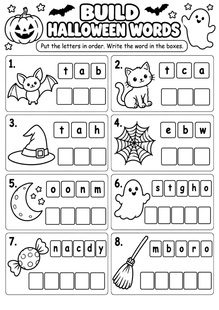 Build Halloween Words for Kindergarten, 1st Grade