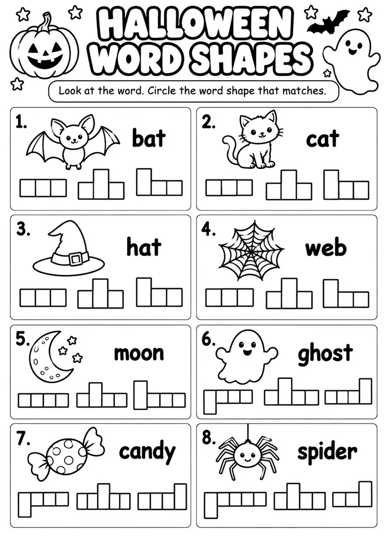 Halloween Word Shapes for Kindergarten, 1st Grade