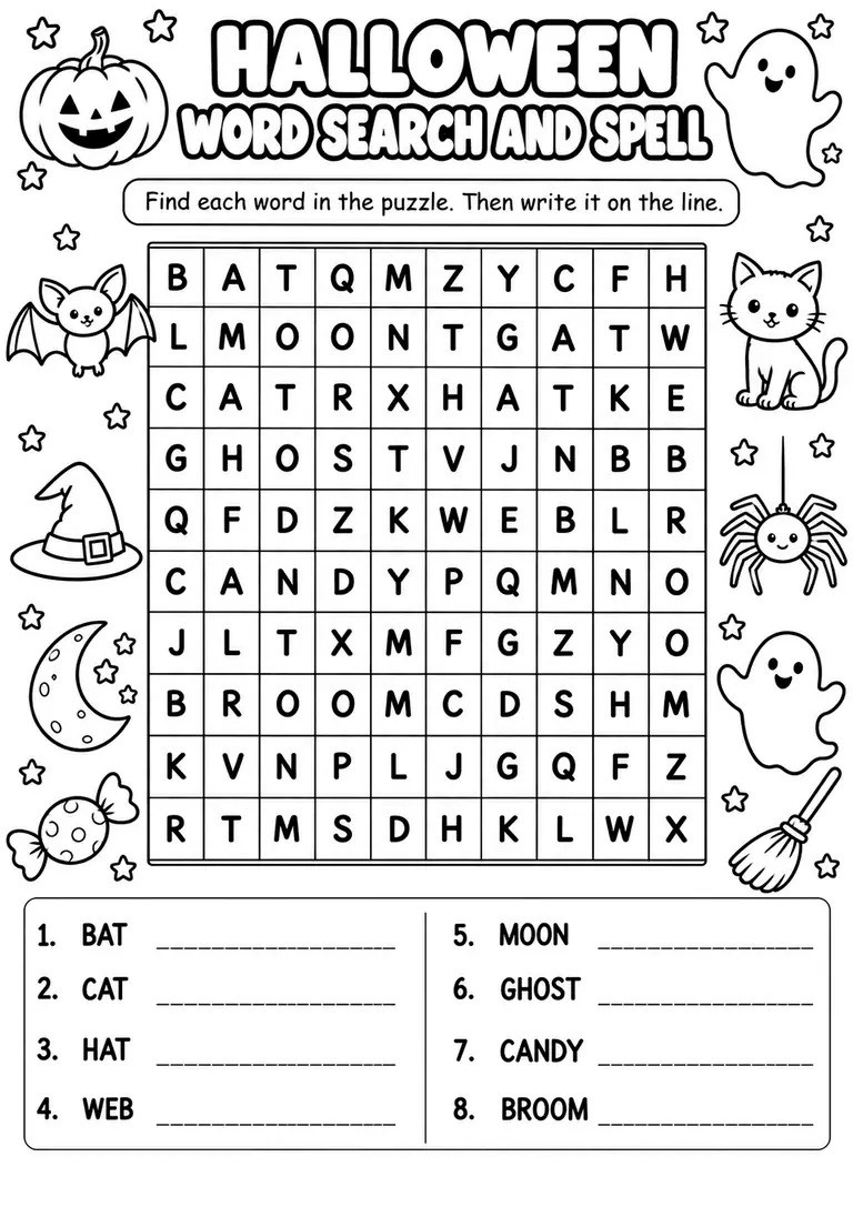 Halloween Word Search and Spell for Kindergarten, 1st Grade