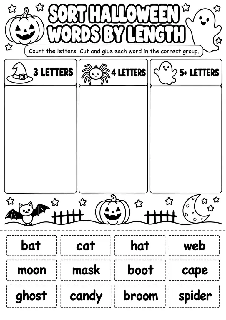 Sort Halloween Words by Length for Kindergarten, 1st Grade