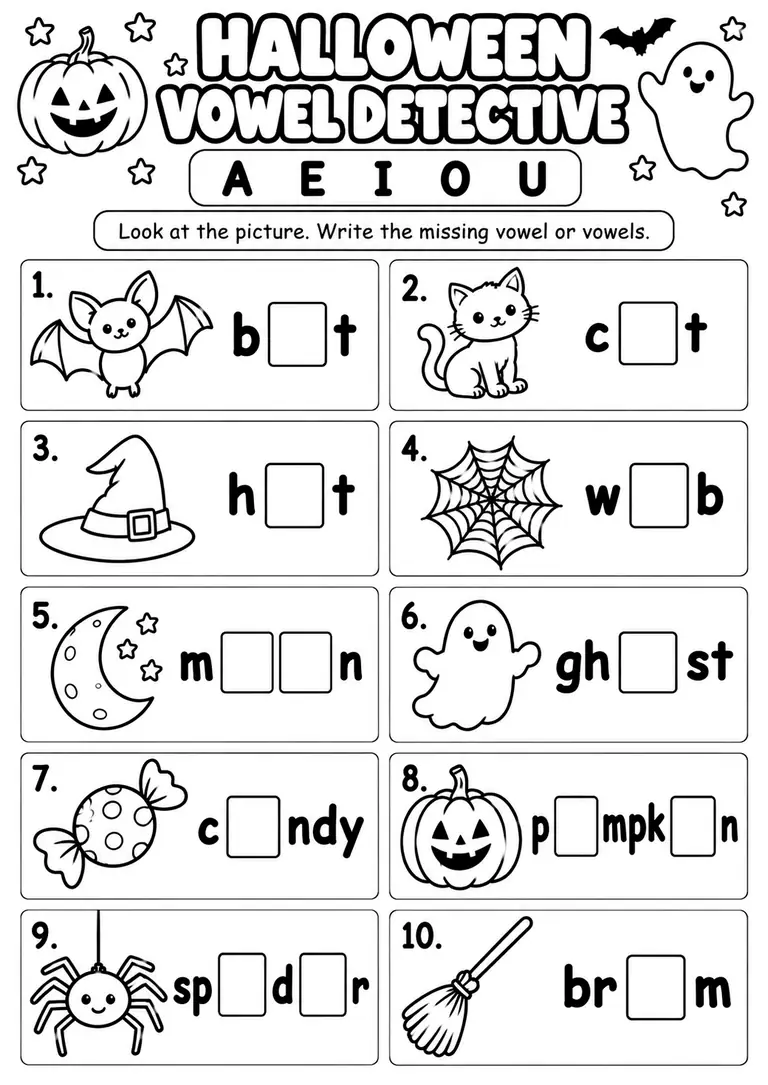 Halloween Vowel Detective for Kindergarten, 1st Grade