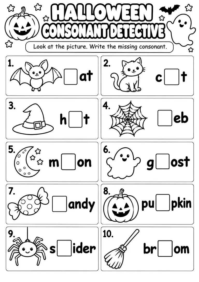 Halloween Consonant Detective for Kindergarten, 1st Grade