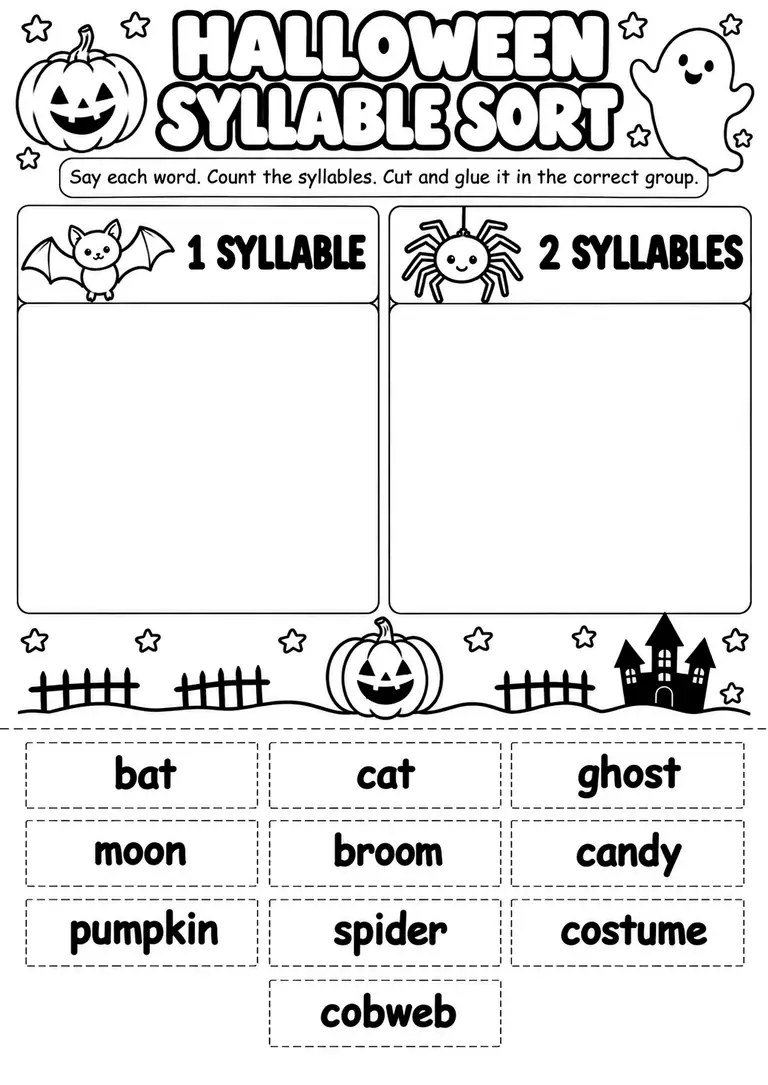 Halloween Syllable Sort WORKSHEET for Kindergarten, 1st Grade