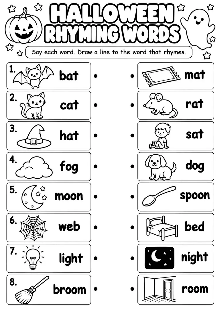 Halloween Rhyming Words PDF for Kindergarten, 1st Grade