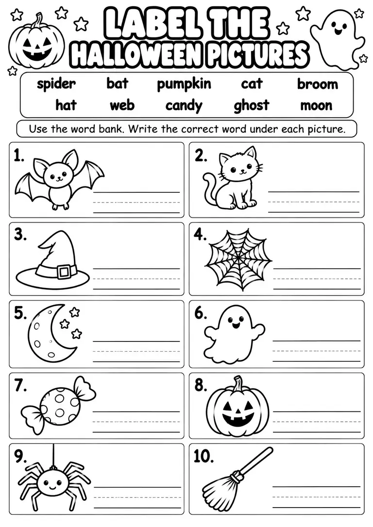 Label the Halloween Pictures for Kindergarten, 1st Grade