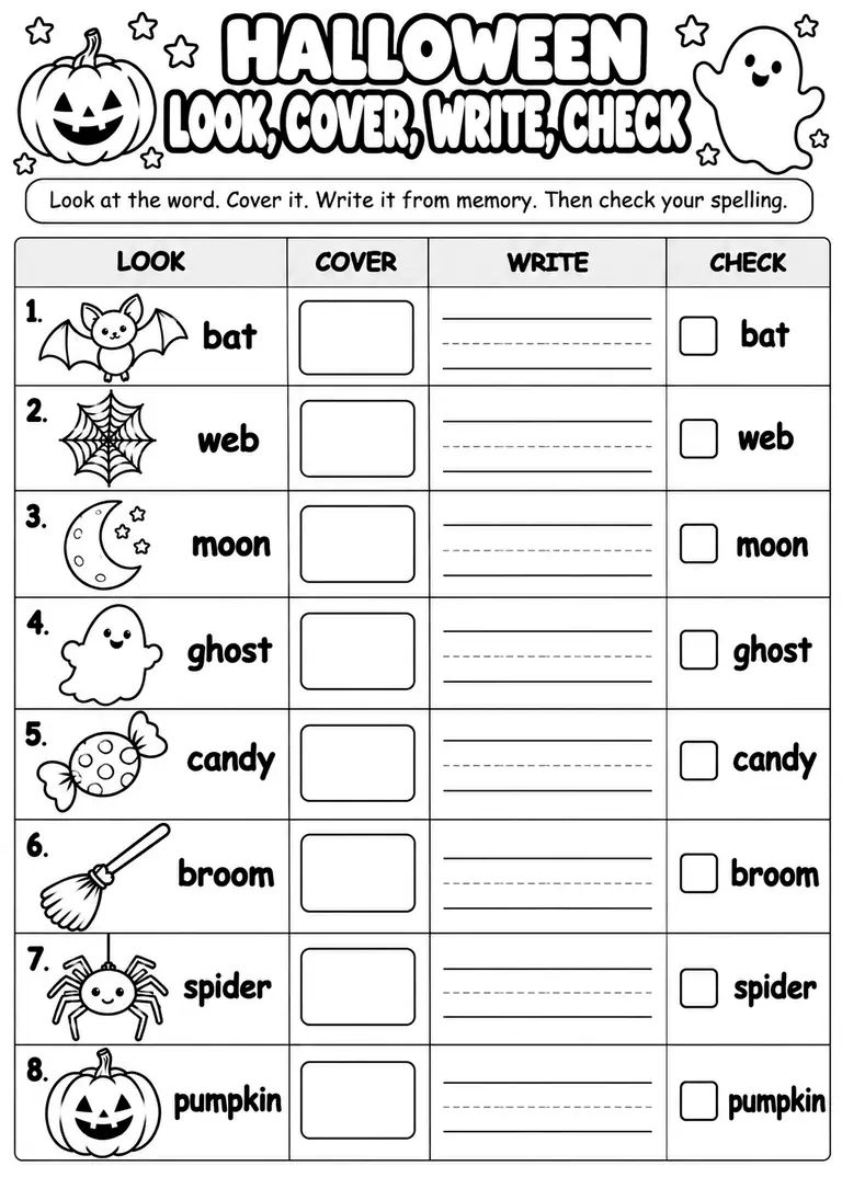 Halloween Look Cover Write Check for Kindergarten, 1st Grade