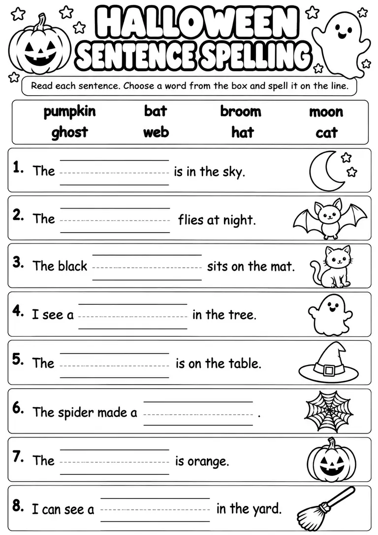 Halloween Sentence Spelling for Kindergarten, 1st Grade