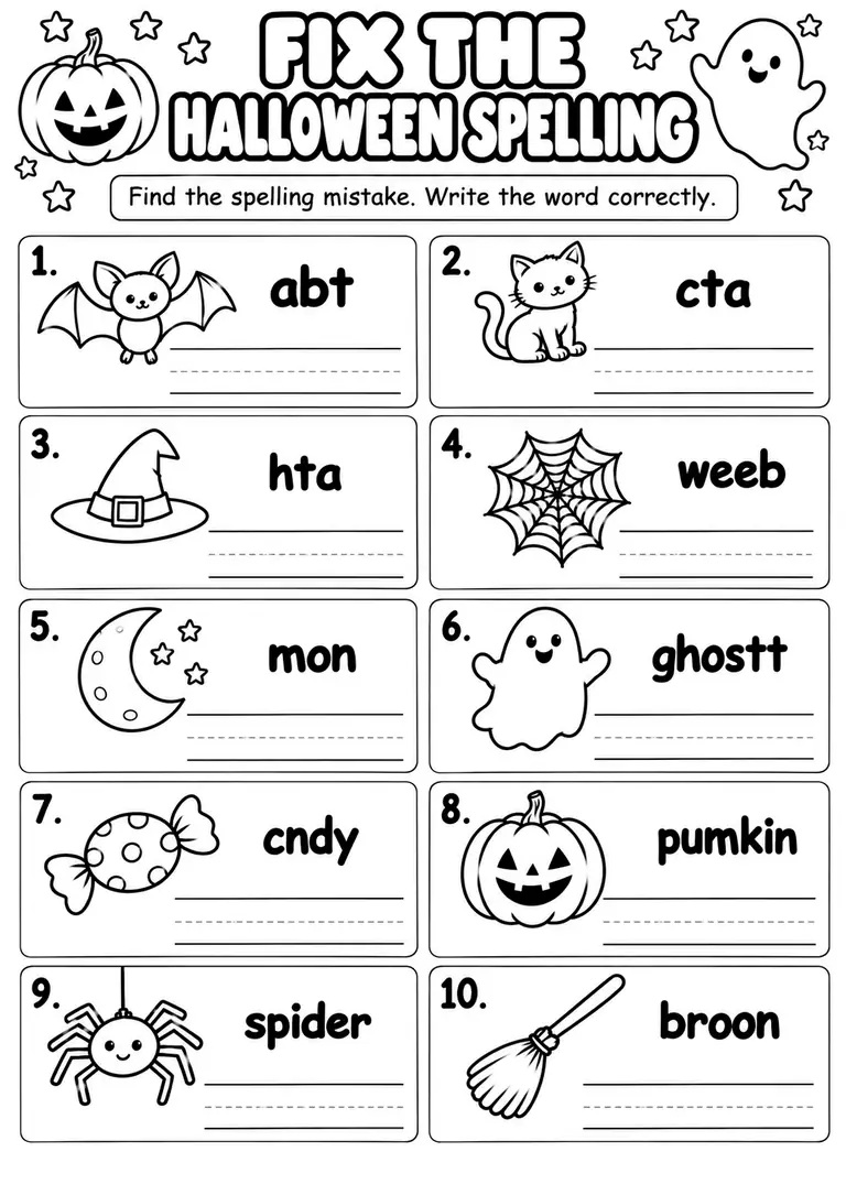 Fix the Halloween Spelling for Kindergarten, 1st Grade