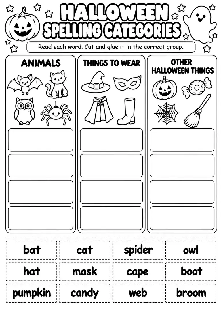 Halloween Spelling Categories for Kindergarten, 1st Grade