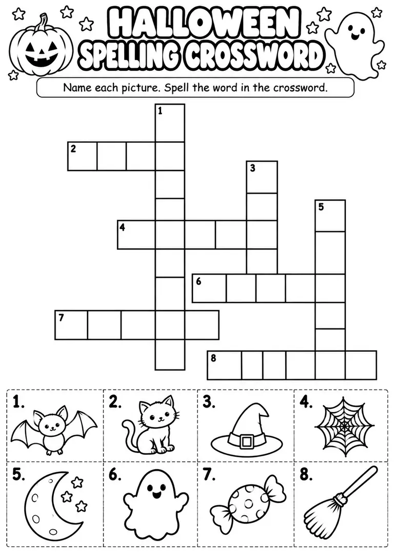 Halloween Spelling Crossword for Kindergarten, 1st Grade