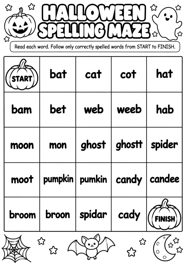 Halloween Spelling Maze for Kindergarten, 1st Grade