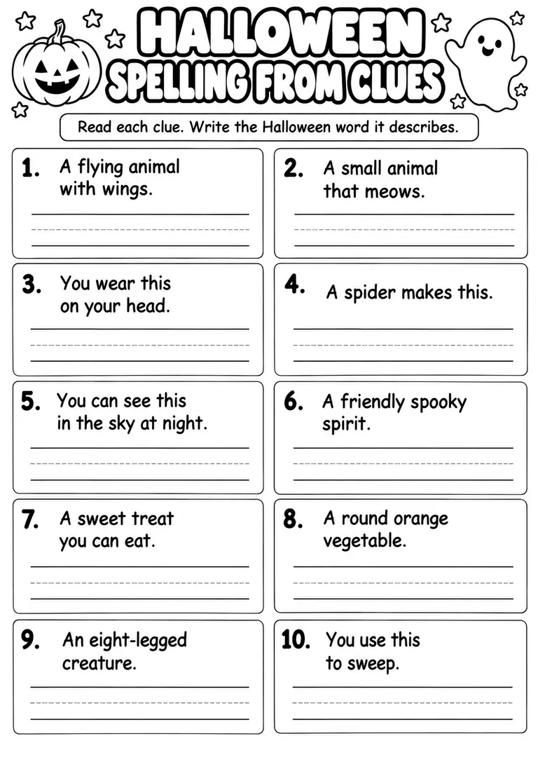 Halloween Spelling From Clues for Kindergarten, 1st Grade